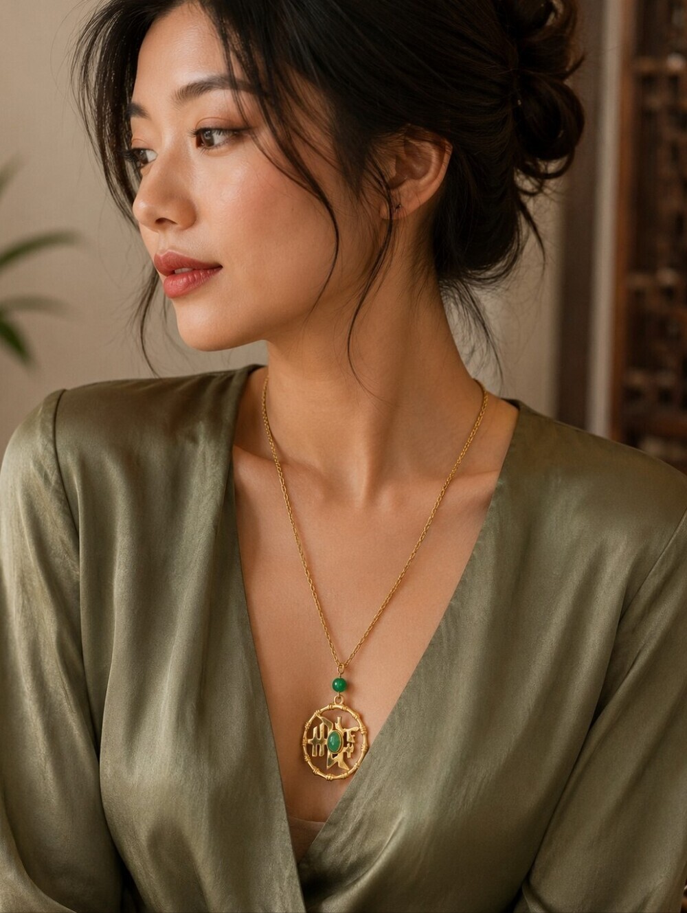 Vintage Asian Symbol Gold Tone Pendant Necklace Faux Malachite Bamboo 925 Clasp